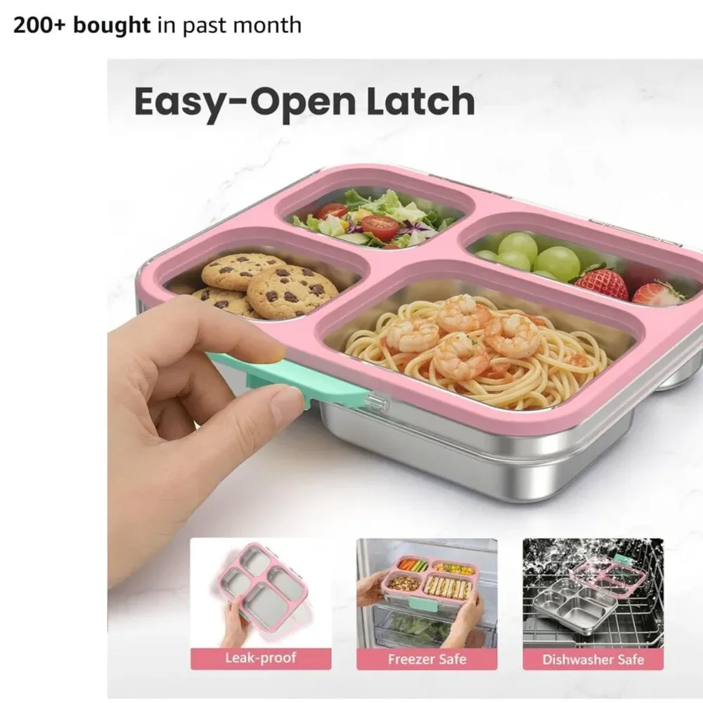 NEW Stainless Steel Bento Lunch Box 4 Cups Pink